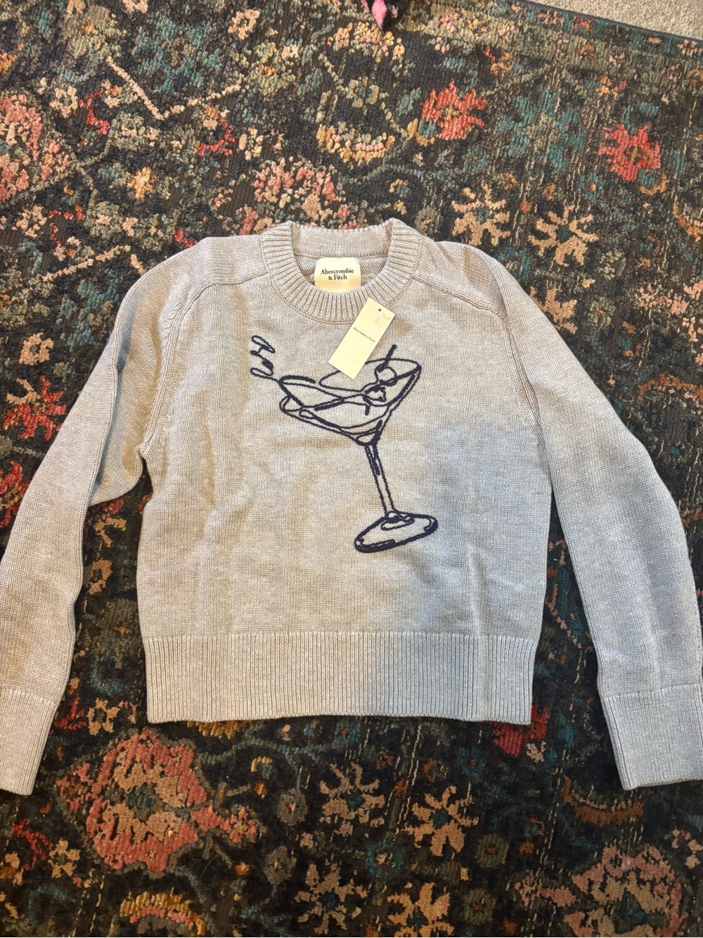 Abercrombie & Fitch Light Gray Crewneck Sweater with Navy Cocktail Embroidery